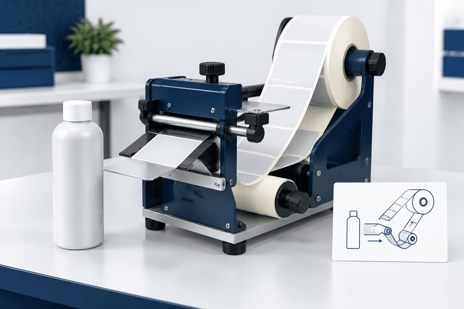 Illustrative roll labels feeding a bottle applicator during specification review