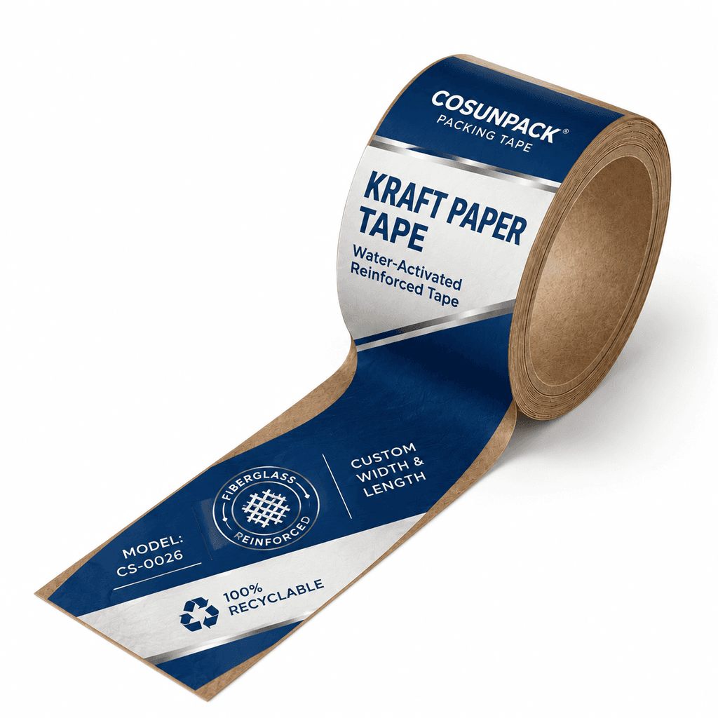 Cinta adhesiva de embalaje con logotipo de marca, cinta de papel kraft reforzada activada por agua