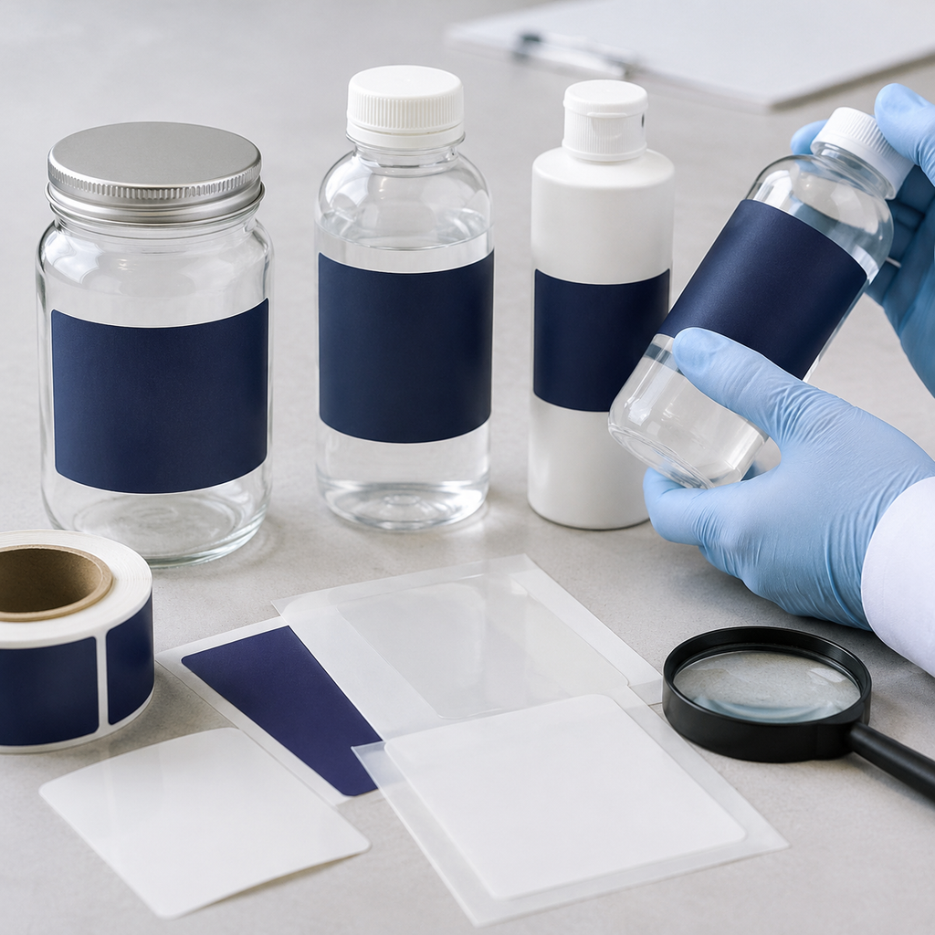 Representative glass and plastic containers arranged for a label sample review