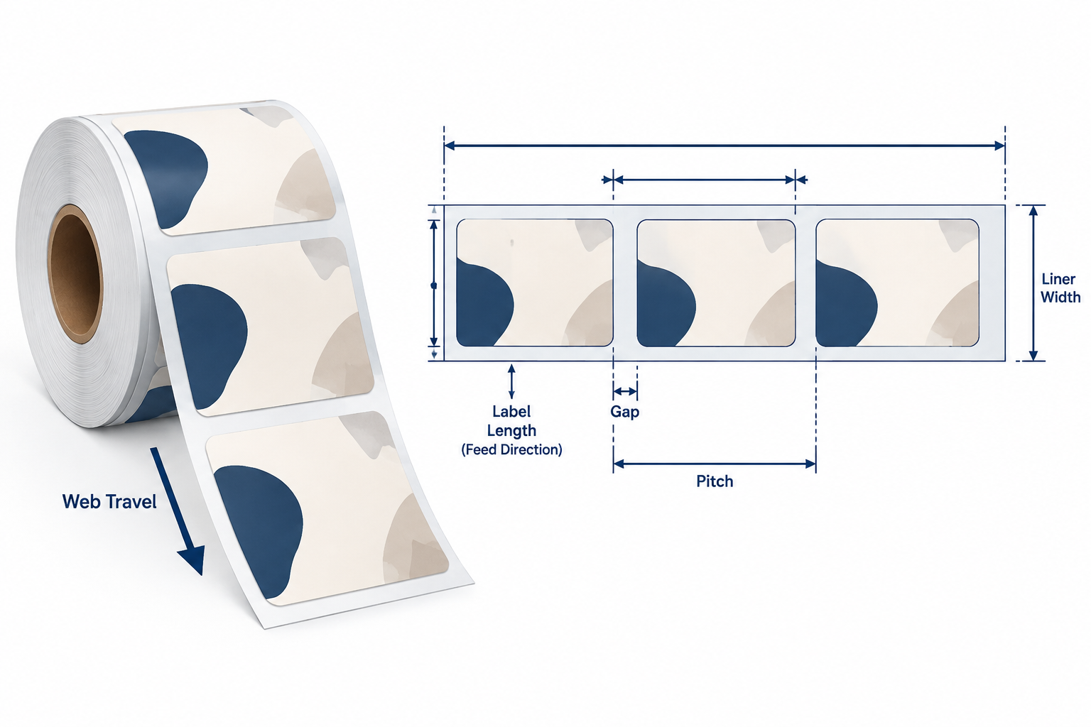 Illustrative label roll orientation and web dimension drawing showing liner width, gap, and pitch