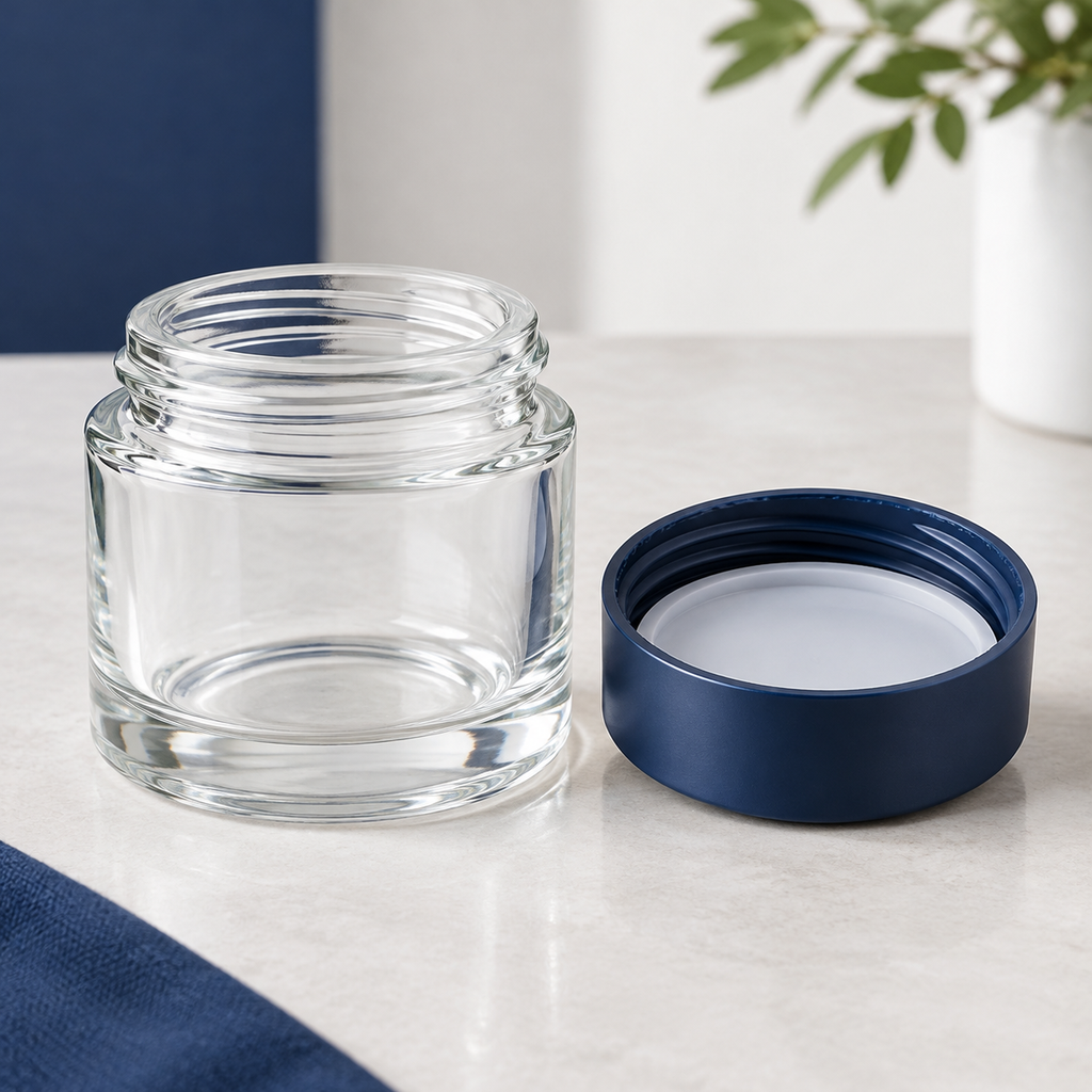 Open cosmetic jar beside an upward-facing threaded lid showing its liner