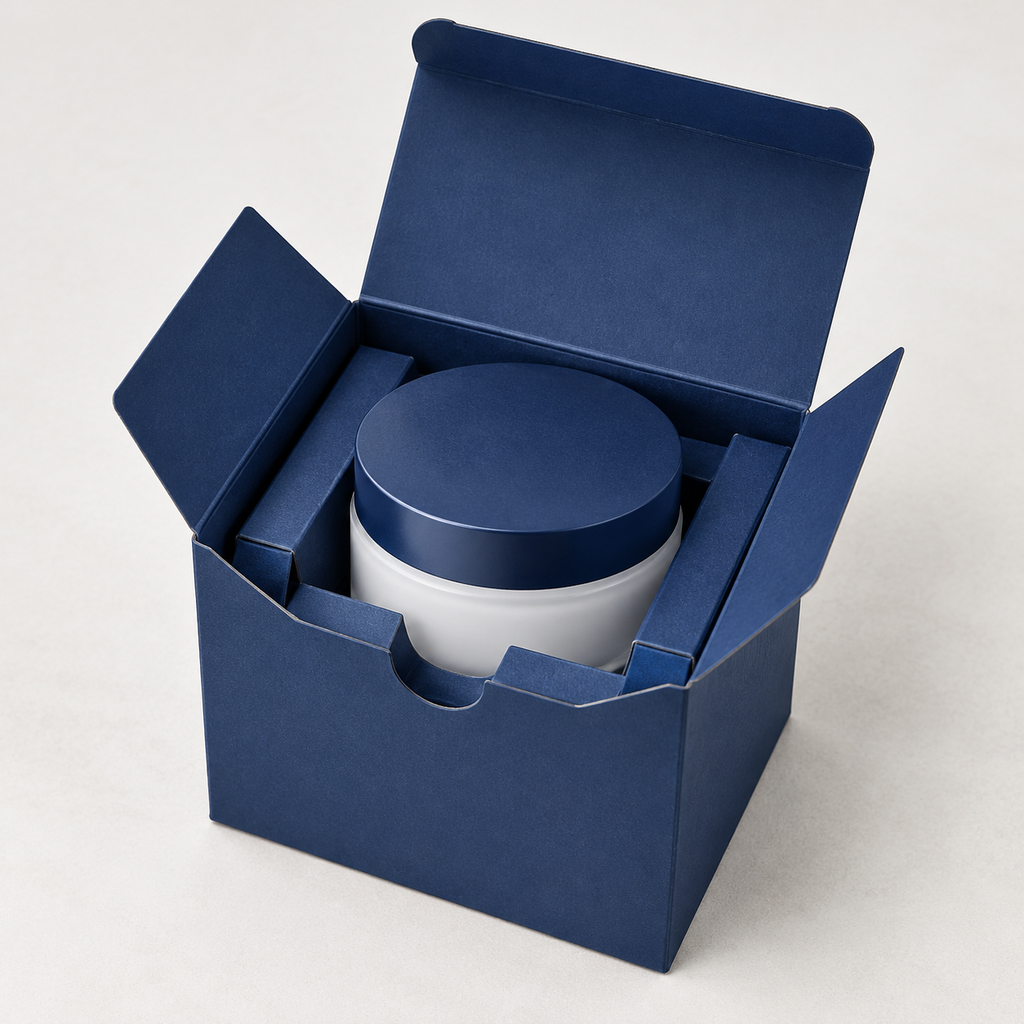 Cosmetic jar seated in a paperboard insert with space for removal and lid clearance
