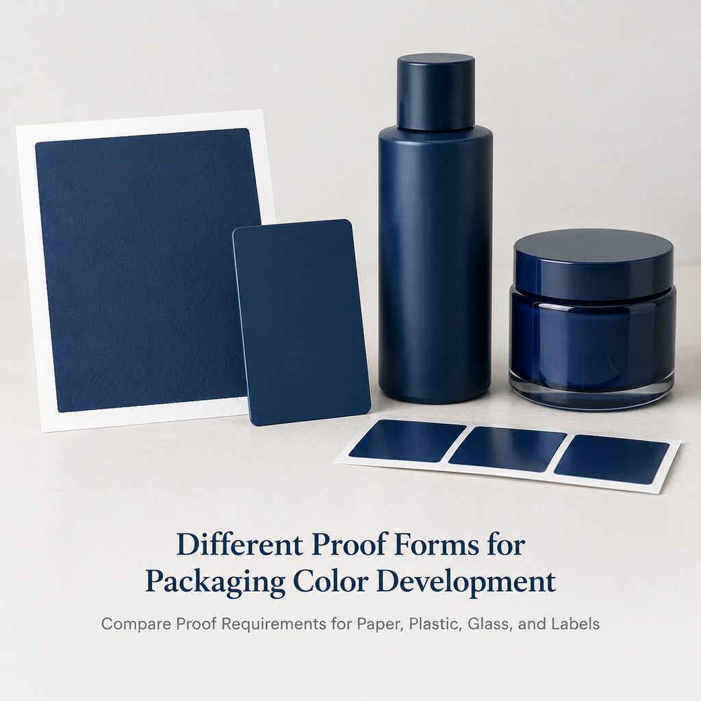 Paper ink drawdown, plastic color plaque, bottle, coated glass jar, and label samples for color review
