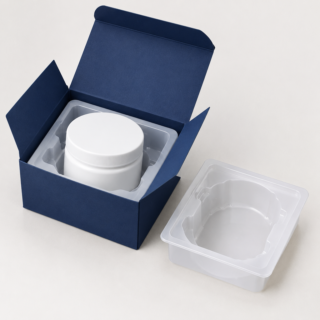 Illustrative capped jar seated in a thermoformed tray inside an open folding carton