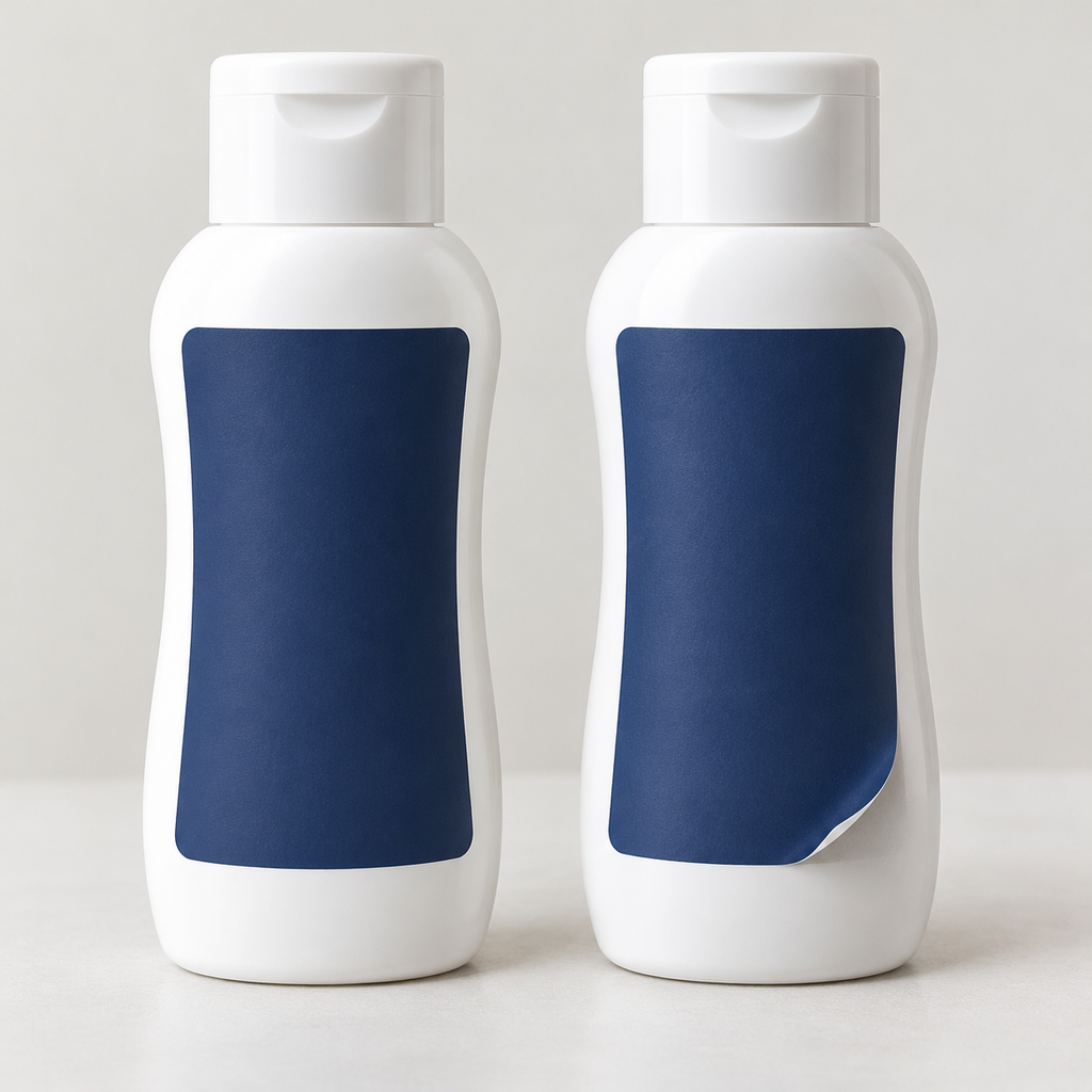 Close view of a flat label and a lifting label edge on curved plastic bottles