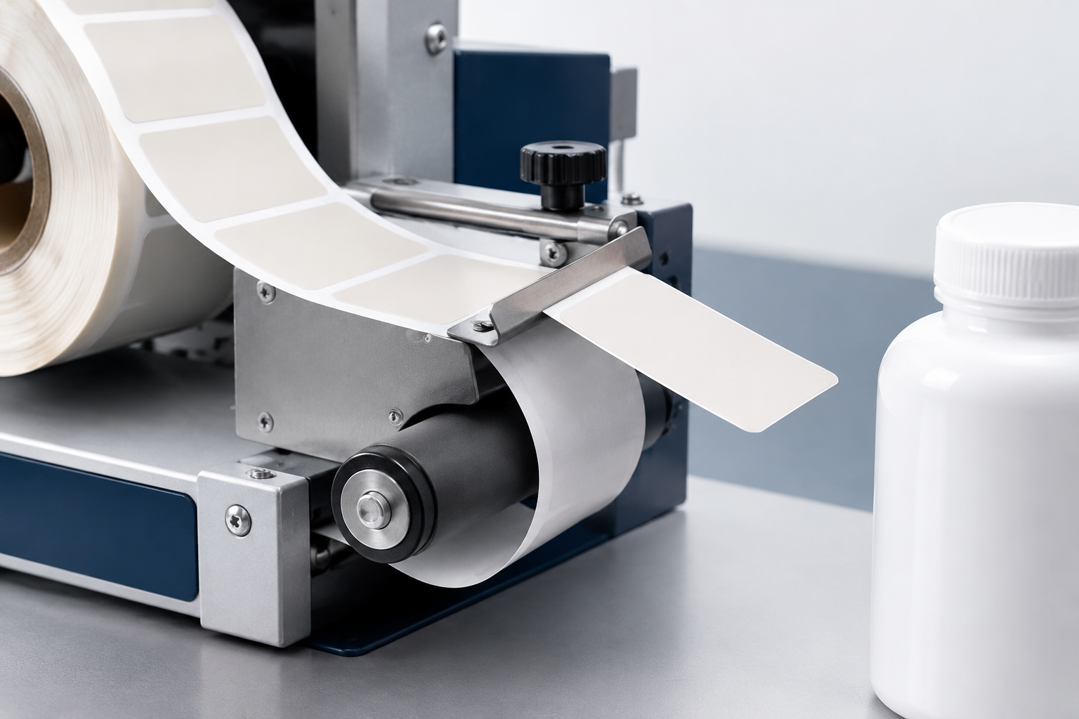 Illustrative label separating from its liner at an applicator peel plate