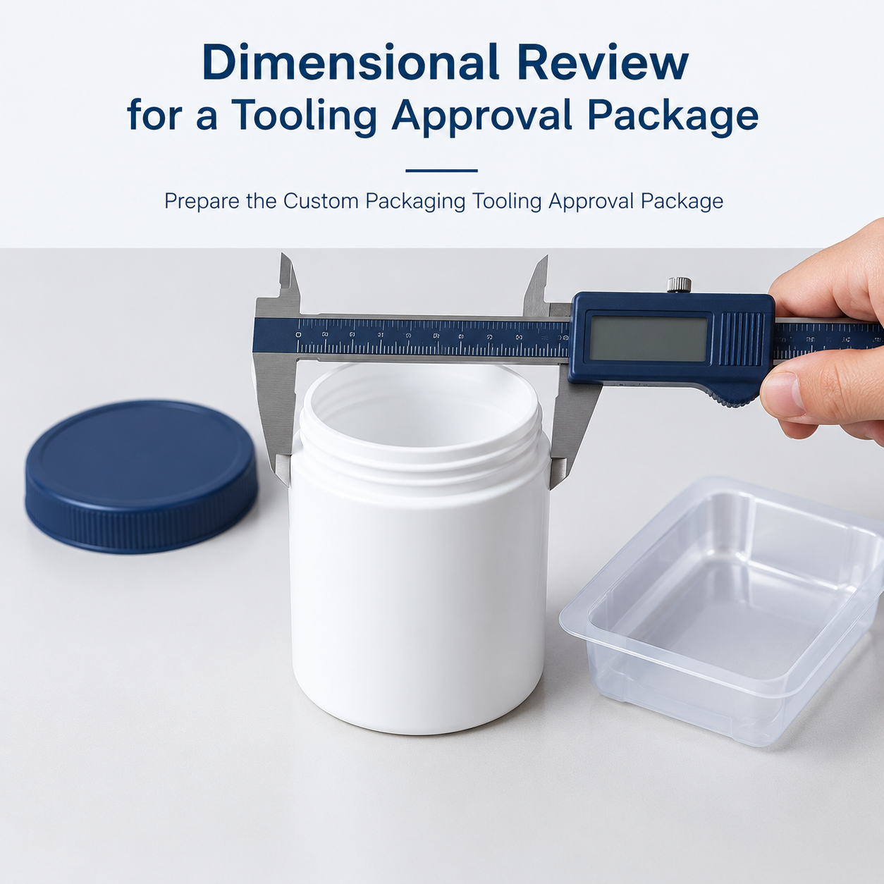 Illustrative dimensional inspection of a container sample beside a protective tray