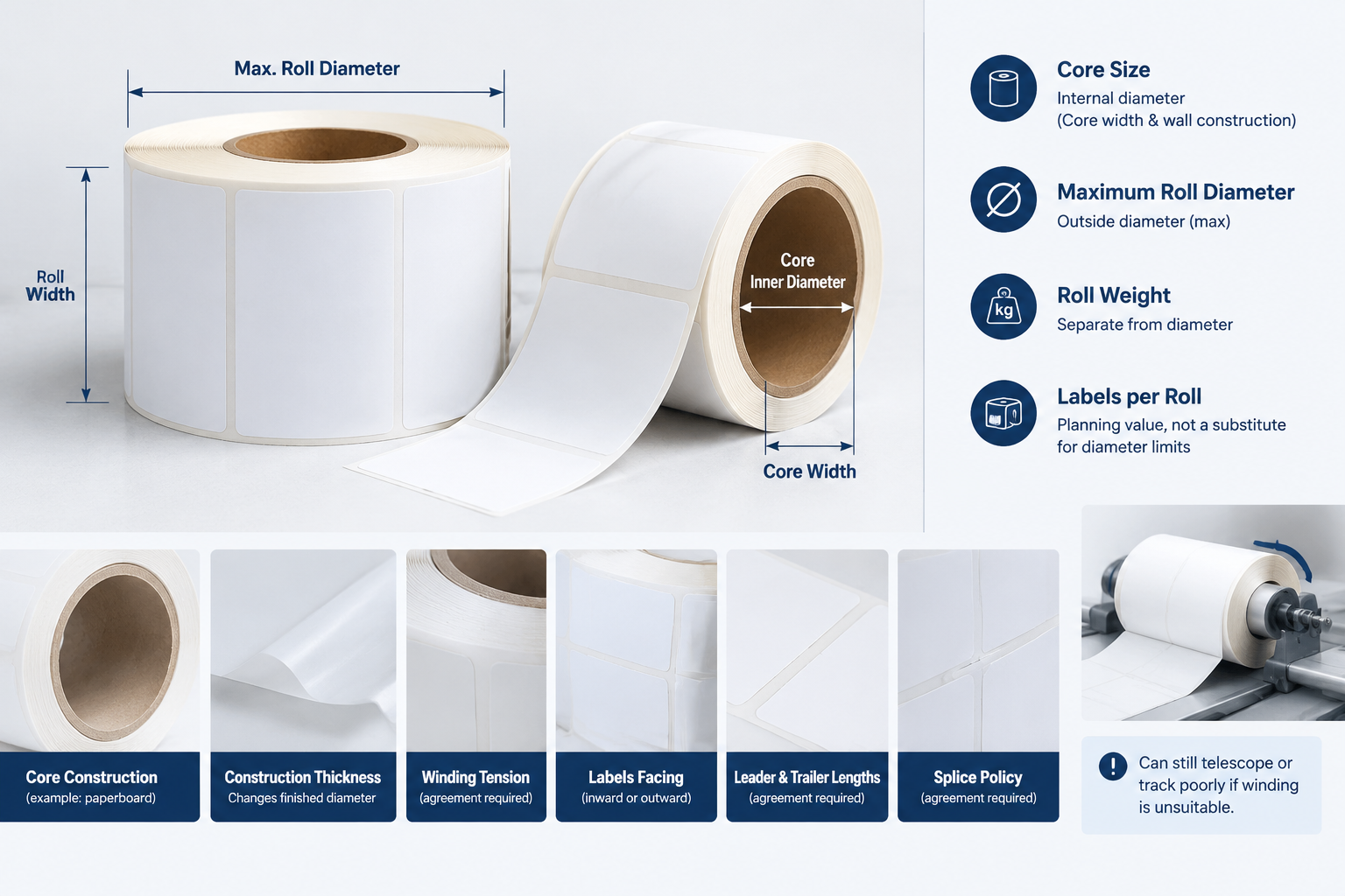 Core Size, Maximum Diameter, and Roll Winding