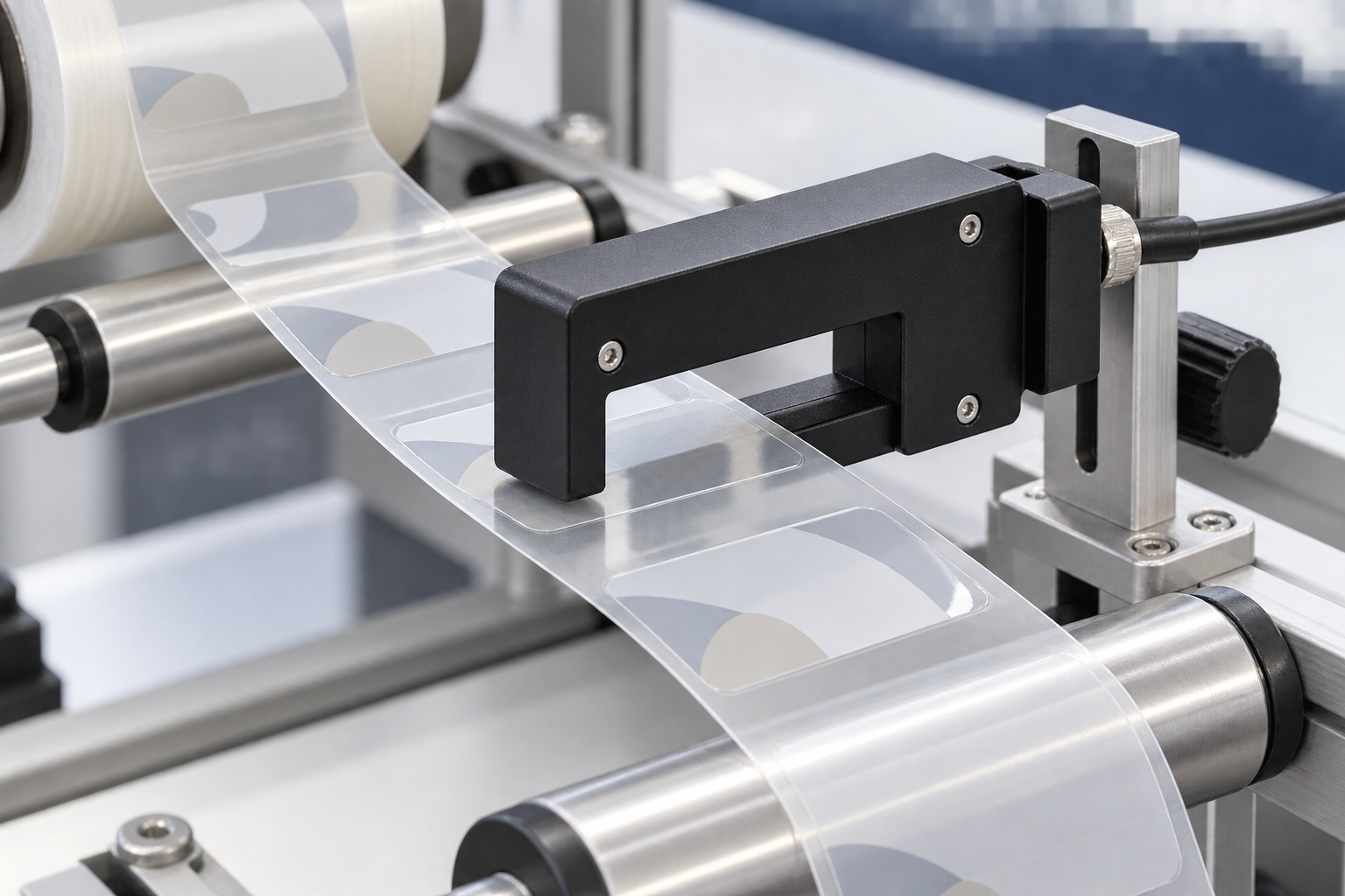 Illustrative clear-label web passing through an applicator sensor for compatibility review